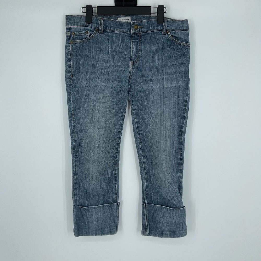 Warehouse Women's High Rise Straight Capri Cuffed Blue Jeans 10